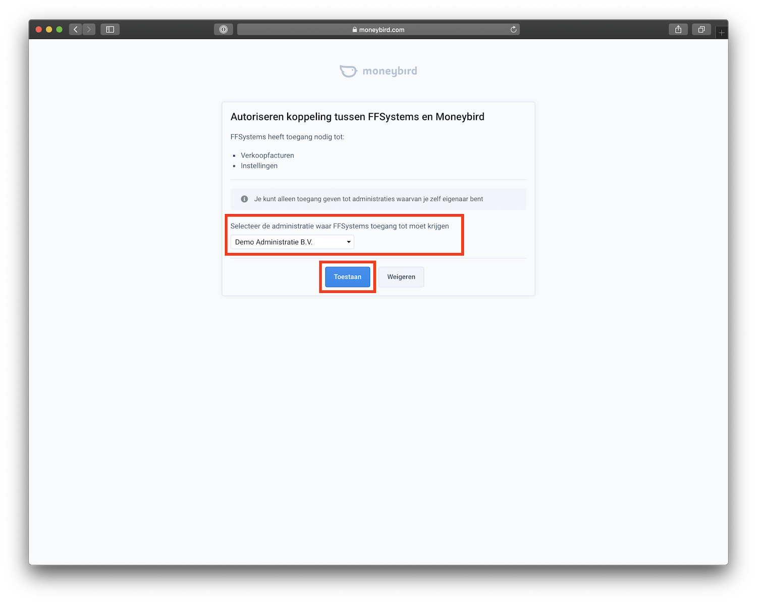 Moneybird koppelen aan FFSystems - authoriseren