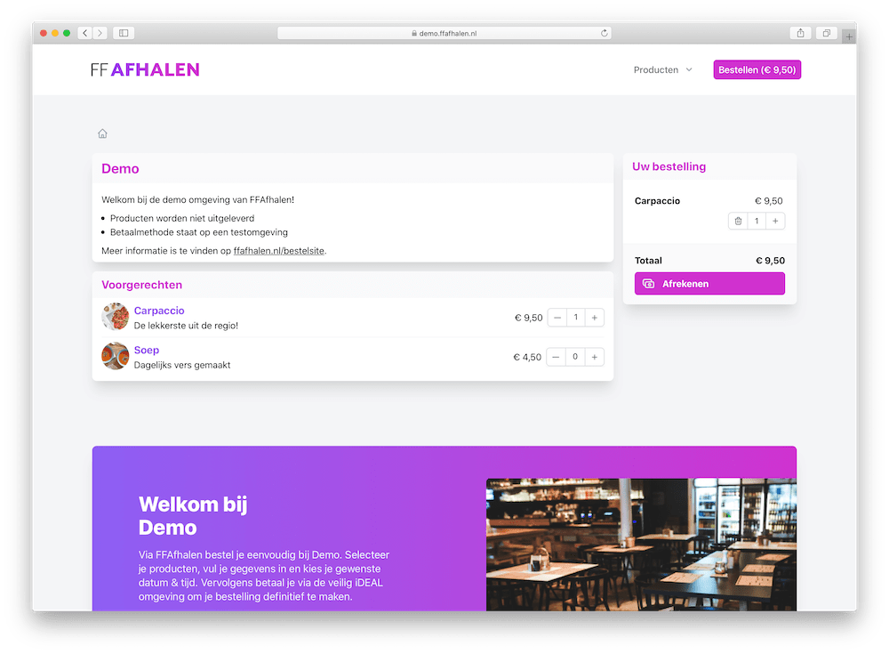 FFAfhalen horeca bestelsite voorbeeld